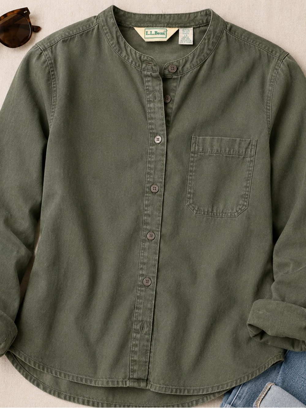 L.L.Bean Women's Olive Green Collarless Button Shirt
